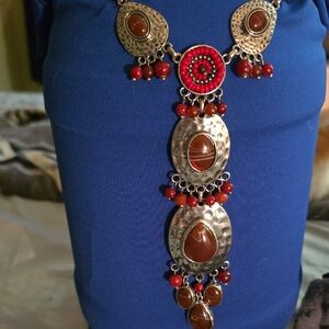 Elegant Silver and Red Tone Statement Necklace